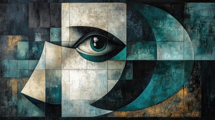 Wall Mural - Abstract artwork featuring a stylized eye and geometric shapes.