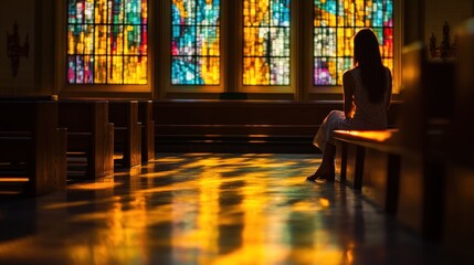 A serene moment in a church with stained glass windows casting colorful reflections.