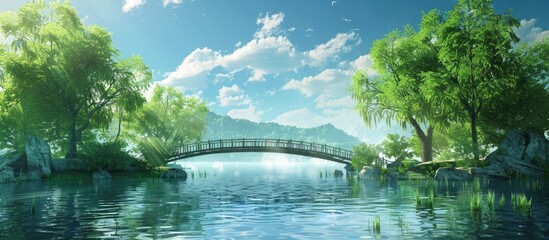 A contemporary bridge links two islands amidst vibrant greenery under a sunny sky on a summer day offering a serene view with copy space image