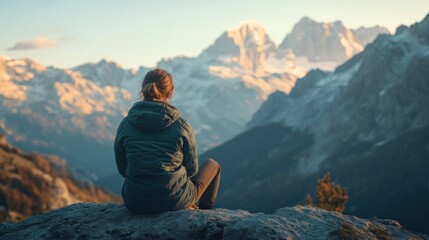 Sticker - A person sitting on a rock, gazing at majestic mountains during sunset.