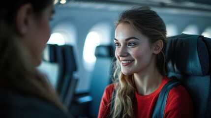 Sticker - A young woman smiles while seated on an airplane, engaging in conversation with another passenger.