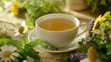 Poster - Herbal tea cup with various fresh herbs placed around it, offering a healthy and calming tea-drinking experience.