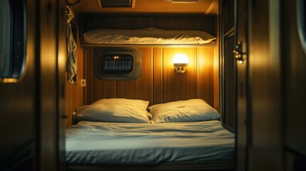 A cozy wooden cabin interior featuring two beds and soft lighting.