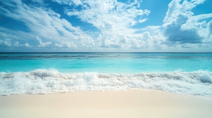 Sticker - Idyllic sandy beach in the Maldives with tranquil turquoise waves, white sand, and a perfect blue sky with fluffy clouds.