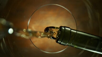 Poster - Super Slow Motion of Pouring White Wine into Glass. Unique Perspective Composition from Bottom of the Glass. Filmed on High Speed Cinema Camera, 1000 fps. Speed Ramp Effect.