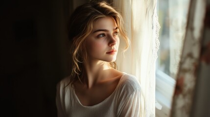 Poster - A contemplative young woman gazes out a window, illuminated by soft natural light.