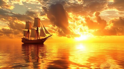 Wall Mural - Majestic ship sailing across a calm ocean at sunset, with golden skies and reflections on the water creating a tranquil mood.