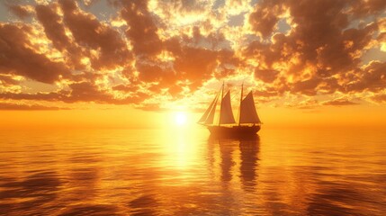 Poster - Majestic ship sailing across a calm ocean at sunset, with golden skies and reflections on the water creating a tranquil mood.