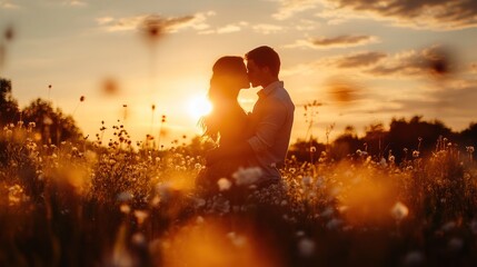 Sticker - A romantic silhouette of a couple embracing during sunset in a flower-filled field.