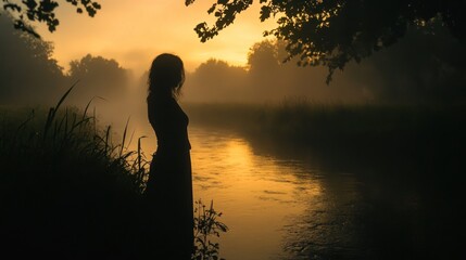 Sticker - A silhouette of a woman by a misty river at sunset, evoking tranquility and reflection.