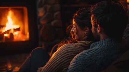 Canvas Print - A cozy moment by the fireplace, showcasing warmth and intimacy between a couple.