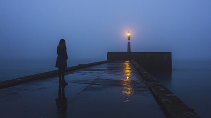 Sticker - A solitary figure stands on a foggy pier, illuminated by a distant lighthouse.