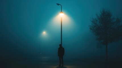 Wall Mural - A solitary figure stands under a streetlamp in a foggy urban environment.