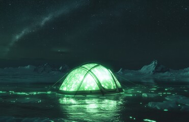 Poster - A glowing green tent on the Arctic ice, with a starry night sky above.