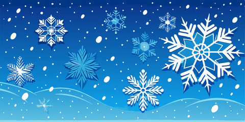 Wall Mural - A beautiful and festive winter background featuring intricate snowflakes falling on a deep blue sky. Perfect for creating holiday cards, invitations.