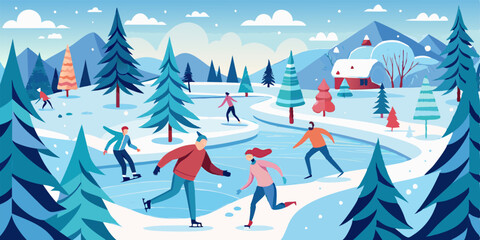 Wall Mural - A vibrant illustration of people ice skating on a frozen lake amidst a snowy winter wonderland. The scene features charming cottages, pine trees, and a picturesque mountain backdrop.