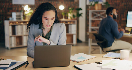Poster - Telemarketing, business woman and laptop in office at night with conversation, customer support and virtual assistant. Headphones, discussion and call center agency with web consultation at desk