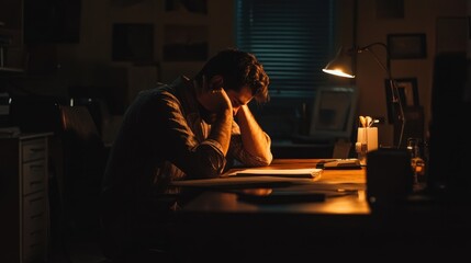 Poster - A person sits at a desk in low light, appearing stressed or deep in thought.