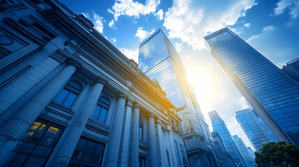 A low angle view of a city skyline with tall buildings and blue sky, the sun shining brightly behind the clouds.