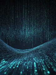 Poster - Futuristic landscape with winding path of glowing blue and green digital lines against dark background with falling data streams