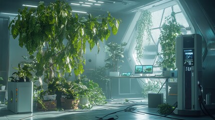 Poster - A futuristic indoor garden with plants, technology, and a serene atmosphere.