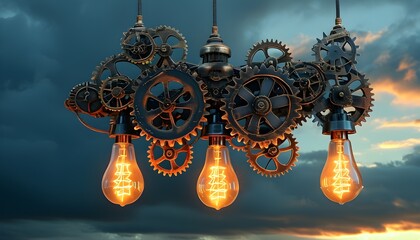 Steampunk lightbulb crafted from gears and cogs beneath a dramatic stormy sky