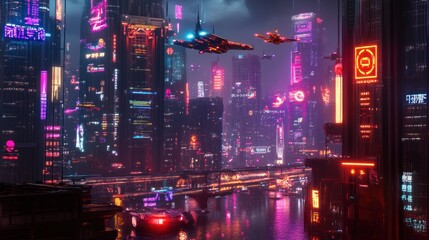 Poster - Futuristic cityscape with neon lights and flying vehicles at night.