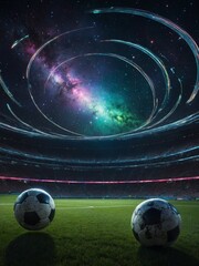 Poster - Soccer ball on soccer field with cosmic, galaxy-like background in sky above