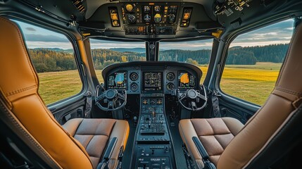 Canvas Print - Cockpit view of a helicopter with controls and scenic landscape outside.