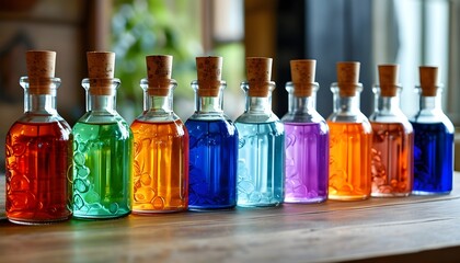 Wall Mural - Colorful glass bottles lined up, each filled with vibrant liquids showcasing a spectrum of hues