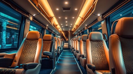 Sticker - Interior of a modern bus showcasing sleek seating and ambient lighting.