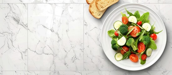 Sticker - Plate with a delicious vegetable salad and bread slices on a bright tile background ideal for a copy space image