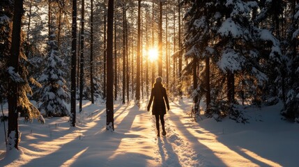 Canvas Print - A person walking through a snowy forest at sunset, creating a serene winter scene.