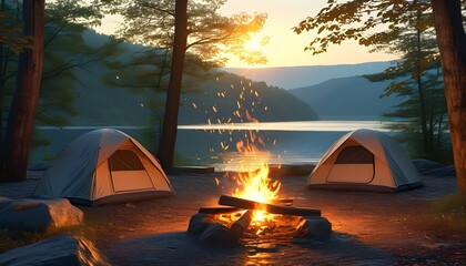 Tranquil lakeside campsite featuring a warm campfire and two tents under the golden glow of sunset