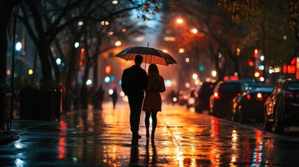 Poster - A couple walks under an umbrella on a rainy street, illuminated by city lights.