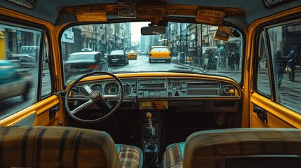 Poster - Interior view of a vintage car on a bustling city street.