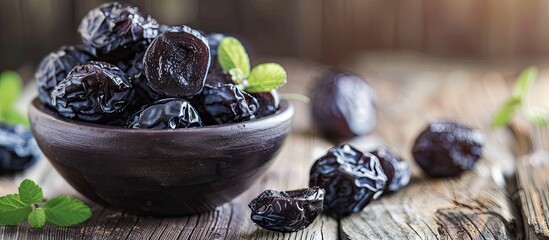 Wall Mural - Close up of delicious prunes in a bowl on a wooden table with room for a copy space image