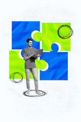 Poster - Composite artwork sketch image collage of young man office manager stand hold laptop work remote puzzle match idea creative brainstorming