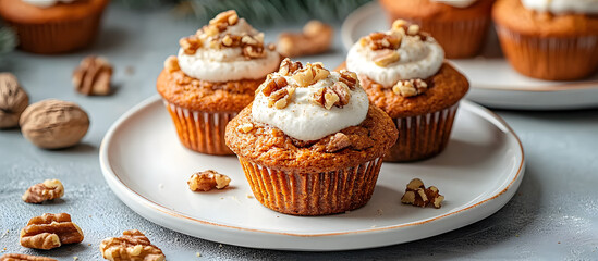 Poster - Vegan carrot muffins with nuts and cream on a white plate traditional donkey pastries with selective focus and copy space image