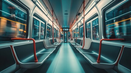 Poster - Interior view of a modern subway train, showcasing empty seats and illuminated surroundings.