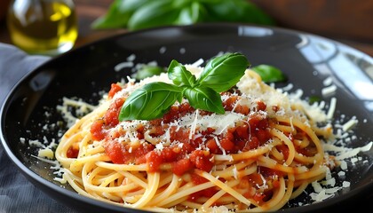 Delicious spaghetti with rich tomato sauce, garnished with fresh basil and cheese, inviting you to indulge