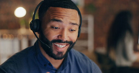 Poster - Black man, smile and headset in office for call center, contact us and customer service with crm. Agent, happy and microphone in workplace for communication, lead generation or technical support