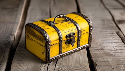 Charming vintage yellow wooden trunk with metal accents resting on a rustic wood surface