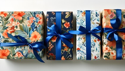 Charming collection of elegantly wrapped gifts adorned with floral patterns and vibrant blue satin ribbons