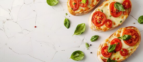 Sticker - Top down view of melted cheese tomatoes and basil on toast set on a white tile surface with copy space image