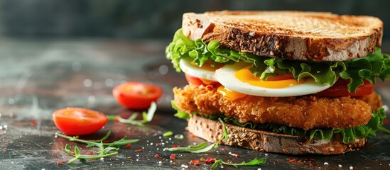 Delicious homemade sandwich with toasted bread lettuce tomatoes egg and Catfish Nuggets displayed in a copy space image