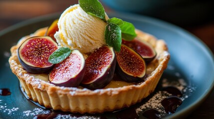 Canvas Print - indulge in a decadent fig dessert topped with a scoop of vanilla ice cream, ideal for a refreshing summer treat great for banner design