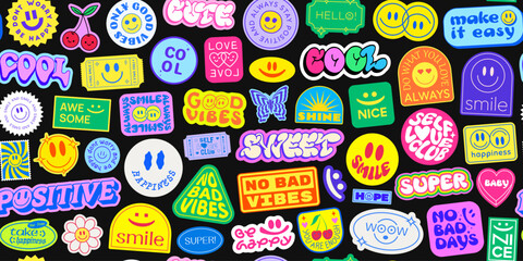 Poster - Cool Y2K Stickers Collage Pattern Background. Trendy Pop Art Patches Vector Design. Groovy Smile Badges.
