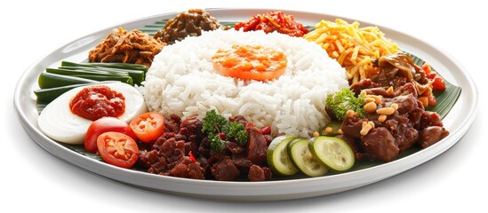 Nasi Kucing or Nasi Bungkus with various toppings displayed on a white background for a copy space image