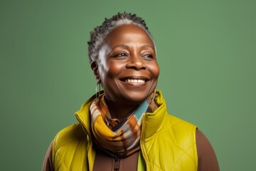 Canvas Print - Portrait of a jovial afro-american woman in her 60s dressed in a thermal insulation vest isolated on soft green background